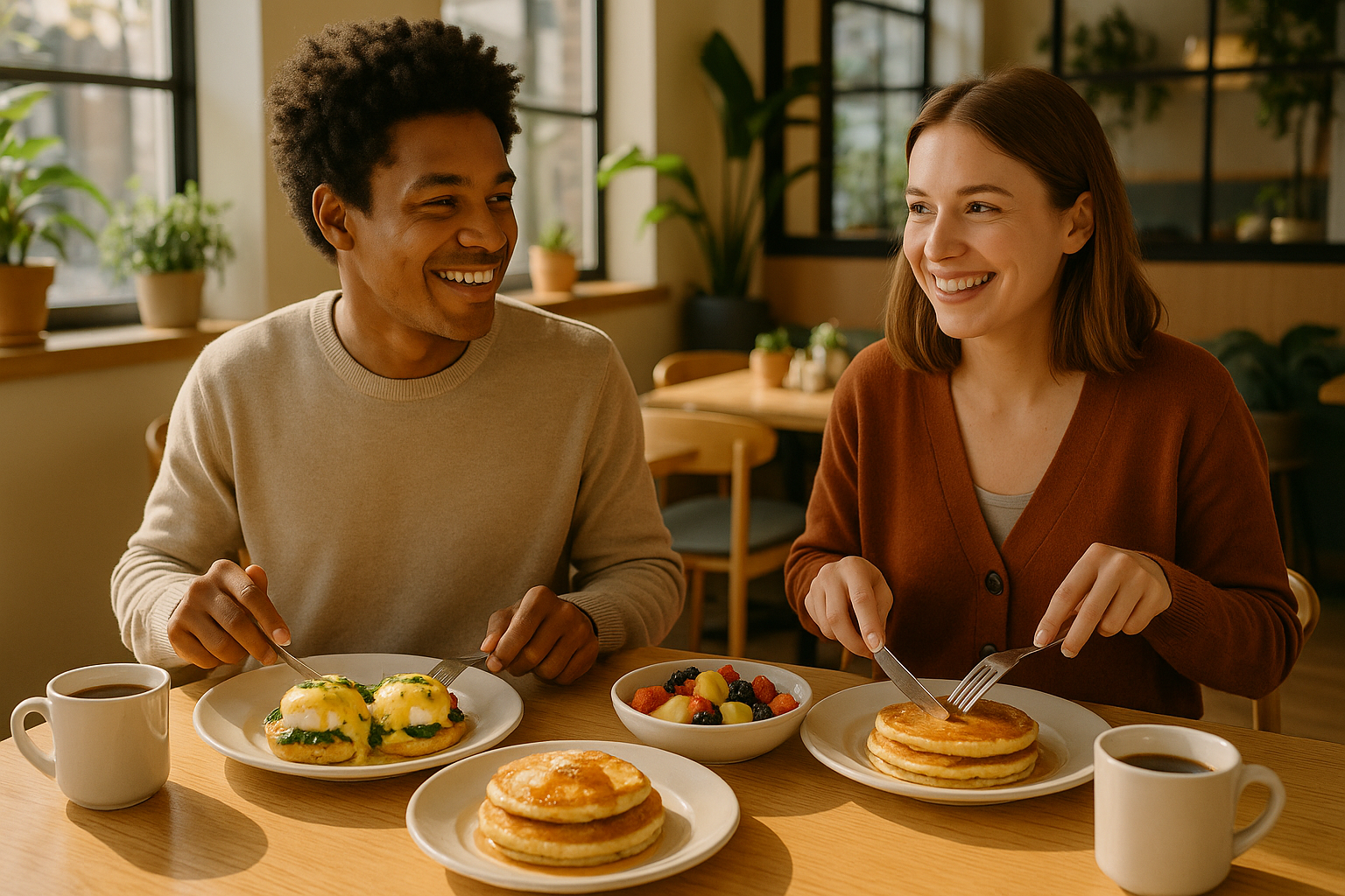 2 people eating brunch at a restaurant
