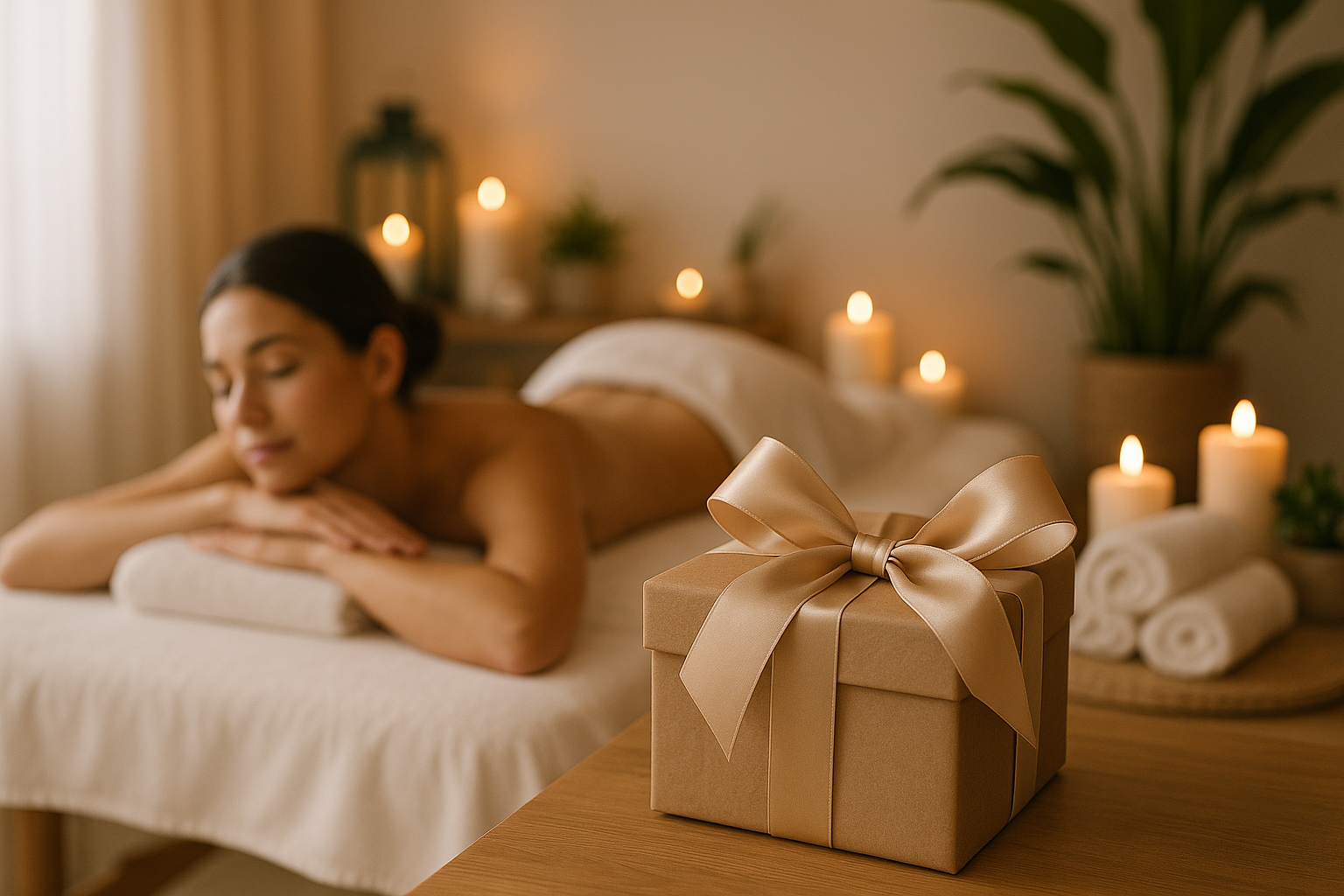 A gift box with a woman in a massage salon